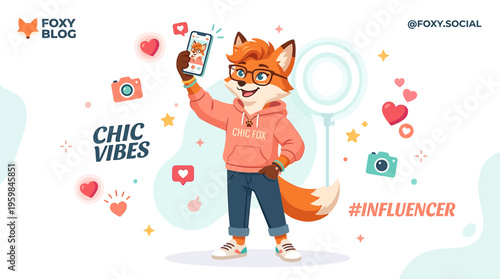 Chic Fox Influencer Vlogger with Smartphone and Ring Light, #Influencer, Chic Vibes
