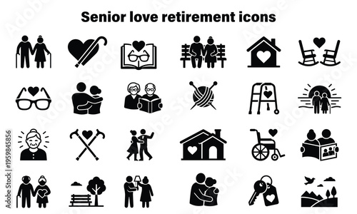 flat design senior love and retirement lifestyle icons set in monochrome