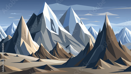 A digital illustration of a sprawling mountain range with snow-capped peaks against a blue sky