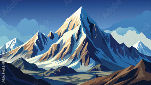 A majestic digital illustration of a towering snow capped mountain peak under a clear blue sky