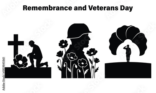 silhouette tribute to veterans and remembrance day with cross and poppies