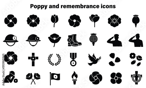 black and white remembrance poppy icons set for veterans day and memorial design elements