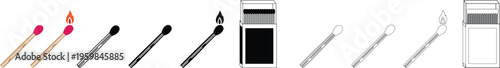 Matchstick icons set burning match stick flame symbols and matchbox for ignition, fire starter tool vector silhouettes and outline illustration for safety and camping collection group