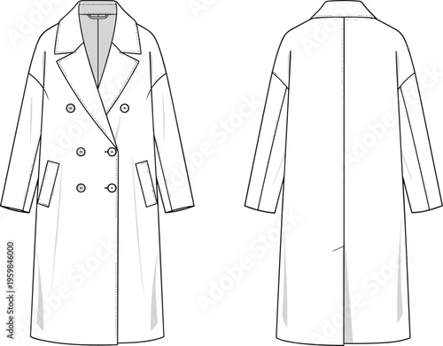 Women's double breasted long trench coat technical fashion sketch front and back view cad drawing flat vector illustration for apparel