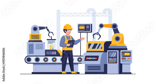 Industrial Automation Engineer Supervising Robotic Production Line with Tablet