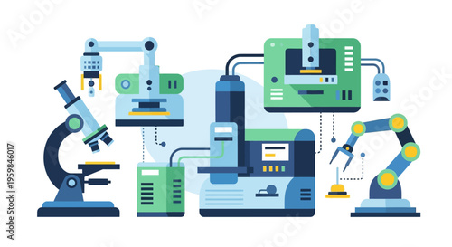 Scientific Research Automation System with Microscope, Robotic Arm, and Advanced Laboratory Equipment