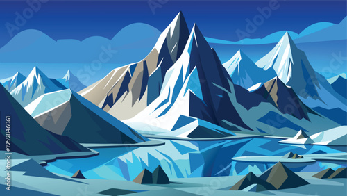 A serene illustration featuring majestic snow capped mountains reflecting in a frozen blue lake