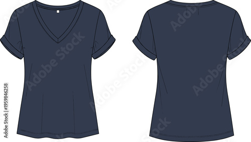 Women V Neck T Shirt Technical Flat Sketch CAD Drawing Vector Illustration Fashion Template Short Sleeve Tee Design Mockup Set
