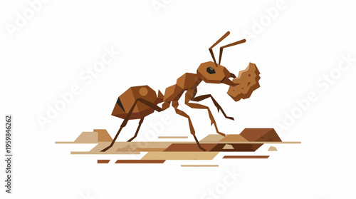 Brown Ant Carrying Food Piece, Geometric Style, Isolated on White Background