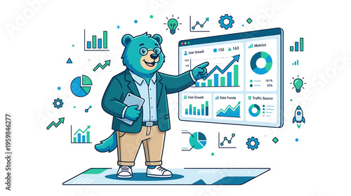 Business Bear Analyst Presenting Financial Growth Charts and Data on Screen