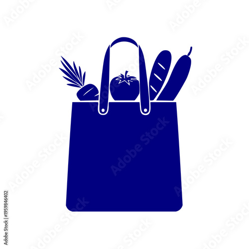 A grocery bag filled with food items and herbs on a simple background