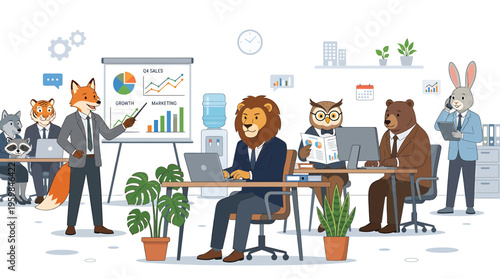 Business meeting with anthropomorphic animals in an office, presenting growth charts