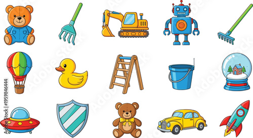 Cute Cartoon Object Icon Set with Various Items Including Toys, Tools, Vehicles, Robot, Ladder, Bucket, and Decorative Elements for Kids Design Projects.