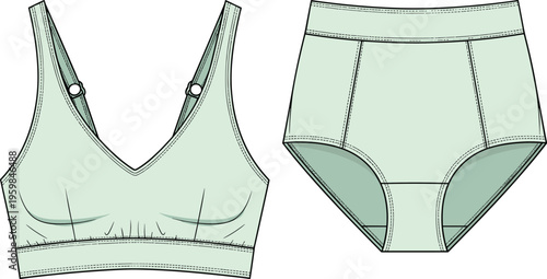 Women Lingerie Set Technical Flat Sketch CAD Drawing Vector Illustration Fashion Template V Neck Bralette High Waist Panty Underwear Design Mockup