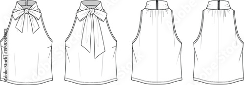 Women Halter Neck Bow Top Technical Flat Sketch CAD Drawing Vector Illustration Fashion Template Sleeveless Tie Front Blouse Design Mockup