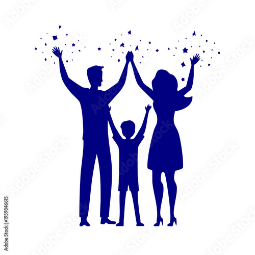A family of three people celebrating with hands raised high in the air
