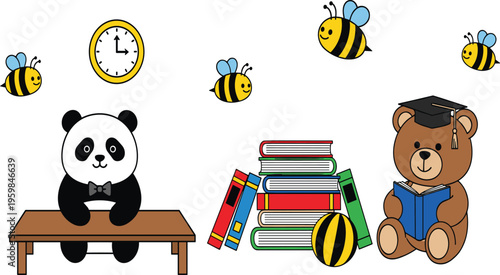 Cute Education Concept Vector Illustration with Panda Teacher, Reading Teddy Bear, Books, Bees, and Classroom Elements for Kids Learning Design.
