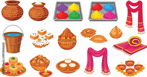Collection of traditional festival icons featuring colorful Holi powder, Indian sweets like laddu and gujiya, decorative clay pots, and ritual diya lamps for cultural celebration designs.
