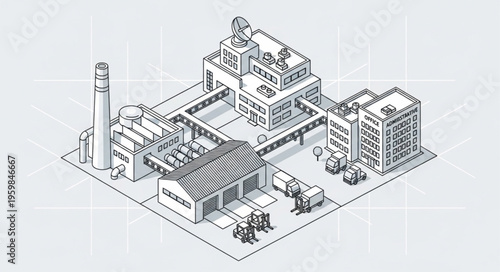 Isometric Factory Illustration - Industrial Complex with Chimney and Buildings.