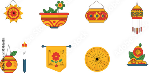 Collection of traditional festival decorative icons featuring golden hanging lanterns, floral banners, ceremonial bowls, and ethnic ornaments for cultural heritage celebration designs.
