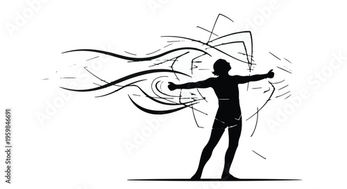 Silhouette of a person with arms outstretched generates swirling abstract energy lines moving away from the body.