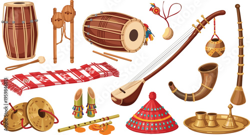 Collection of traditional folk musical instruments including dhol, ektara, flute, cymbals, and ceremonial items for ethnic festival celebrations and cultural heritage vector designs.
