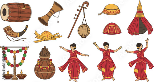 Collection of traditional folk dance icons featuring female dancers in red sarees, dhol drum, ektara, jaapi hats, and ritual lamps for ethnic festival and heritage celebration designs.