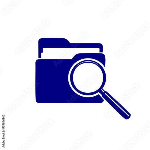 A magnifying glass examines a blue camera icon on a white background