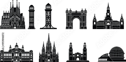 Flat vector illustration of Barcelona famous architectural landmarks silhouettes including Sagrada Família, Arc de Triomf, cathedrals, towers, and historic buildings