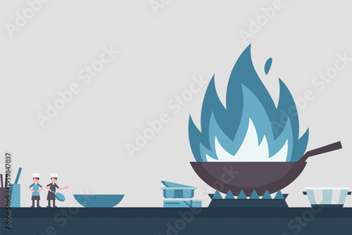 Chefs Cooking with Wok and Large Flame Illustration, cooking food concept with copy space