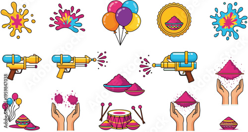 Holi festival flat icon set featuring hands throwing colorful gulal powder, water guns pichkari, balloons, paint splashes, and dhol drum for Hindu spring holiday celebration designs.