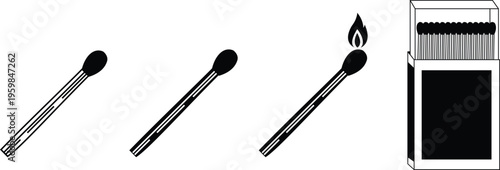 Matchstick icons set burning match stick flame symbols and matchbox for ignition, fire starter tool vector silhouettes and outline illustration for safety and camping collection group