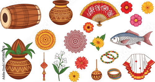 Traditional Bengali cultural elements set featuring Hilsa fish, dhol drum, clay pots, hand fan, floral motifs, and ornaments for Pohela Boishakh festival and ethnic heritage designs.