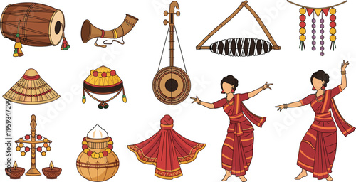 Traditional Bihu festival collection featuring Assamese folk dancers in ethnic attire with dhol drum, pepa horn, jaapi hats, and ektara for cultural heritage celebration designs.
