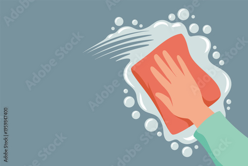 Hand Cleaning a Surface with Sponge and Soap Suds, hygiene cleaning concept with copy space