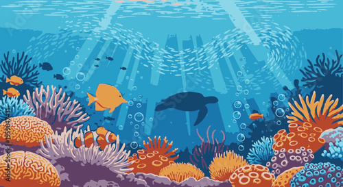 Colorful coral reef with fish swimming.