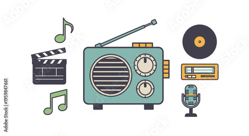 Retro style radio with accessories.