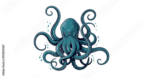 Teal colored octopus with tentacles curled.