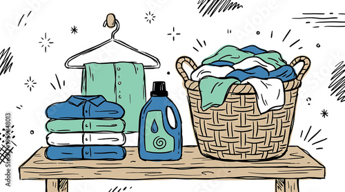 Laundry items on a wooden table isolated on transparent background