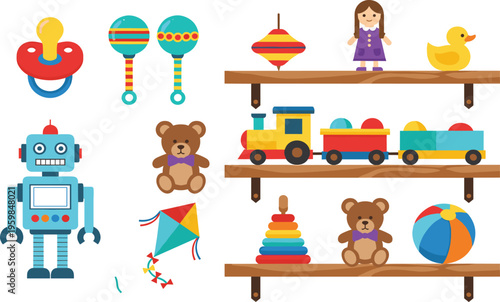 Kids Toys Collection on Shelves Vector Illustration with Cartoon Robot, Teddy Bear, Train, Ball, Doll, Duck, and Colorful Play Objects for Children Design.