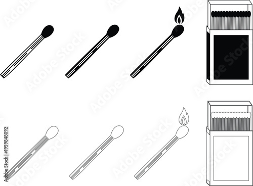 Matchstick icons set burning match stick flame symbols and matchbox for ignition, fire starter tool vector silhouettes and outline illustration for safety and camping collection group
