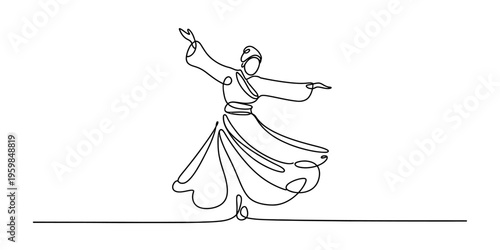 A continuous line drawing of a sufi dervish spinning in a traditional dance on a white background Vector, illustration