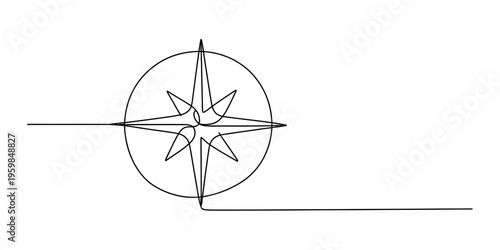 Minimalist continuous line drawing of a compass star encased within a simple circular frame design Vector, illustration