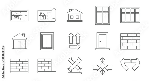 Collection of Line Icons for House Architecture and Construction in Bright Studio