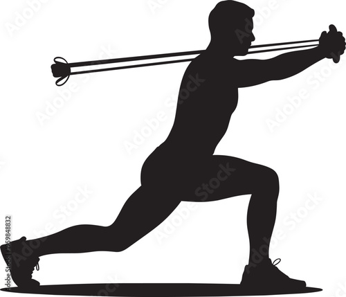 Silhouette of a man performing a resistance band exercise with lunging motion for fitness