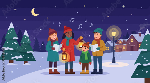 Carolers Singing Christmas Carols on a Winter Night