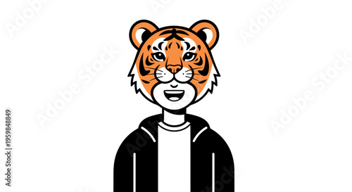 Smiling tiger head character in a black hoodie.