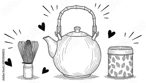 Hand Drawn Japanese Tea Set Vector Illustration — Matcha Bamboo Whisk, Teapot with Bamboo Handle and Tea Tin Can, Black Line Art Sketch, Doodle Style, Isolated on White Background