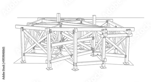 Outline Drawing of a Complex Wooden Scaffold or Support Structure on Isolated White Background
