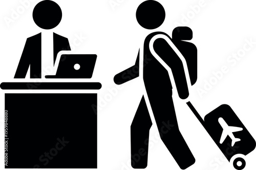 Traveler checking in at airport reception desk with luggage